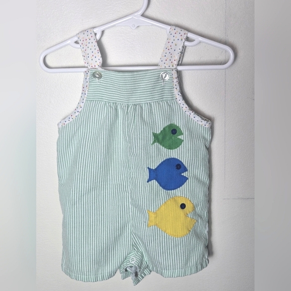 Vintage 80's Jcpenney Toddle Time Infant Baby Fish Overalls, Size 1/2. 3/6 Month - Picture 1 of 5